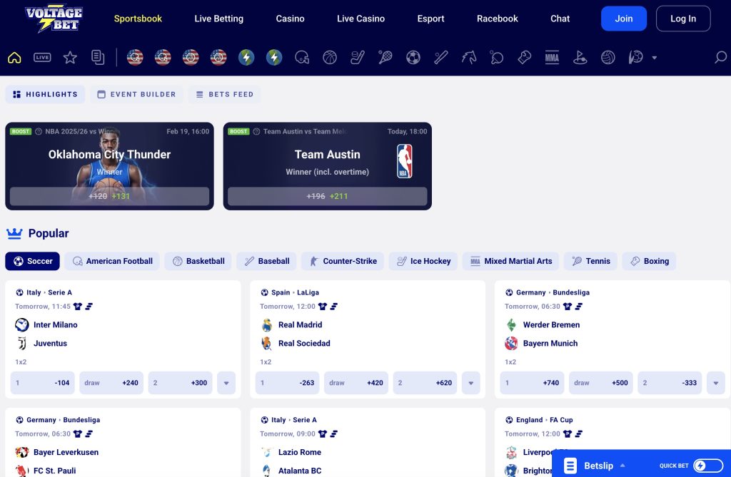 Voltage Bet Sportsbook Highlights
